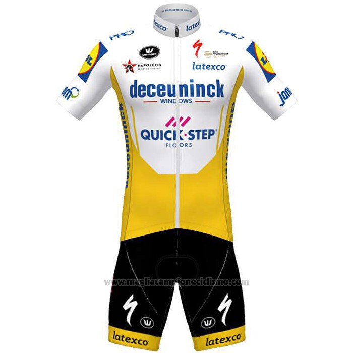 2020 Abbigliamento Ciclismo Deceuninck Quick Step Bianco Giallo Manica Corta e Salopette